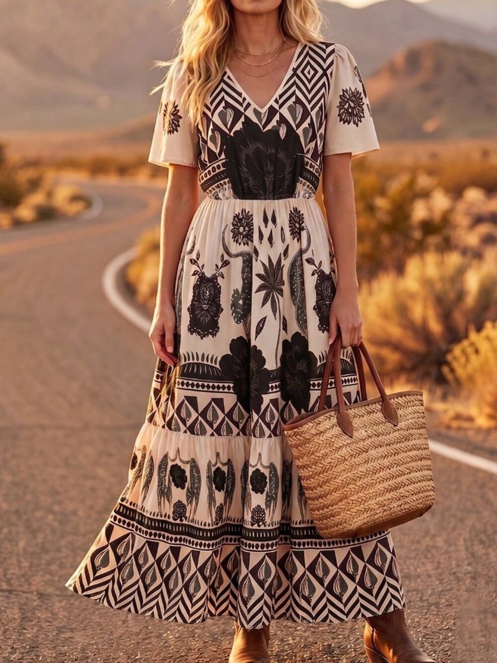 Black Boho Women's V-Neck Flared Sleeve Cinched Waist Ruffle Hem Dress - Picture 4 of 5